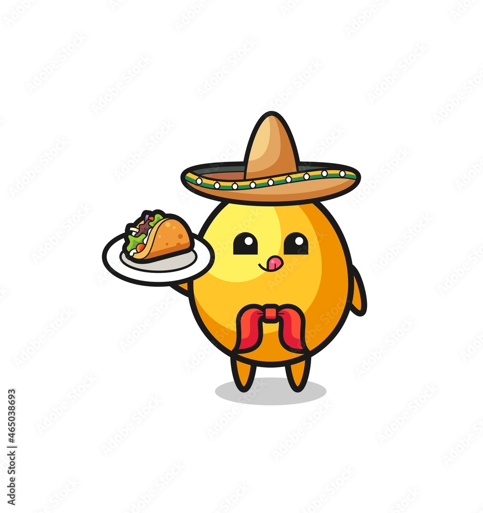golden egg Mexican chef mascot holding a taco golden egg Mexican chef mascot holding a taco