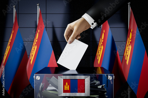Mongolia flags, hand dropping ballot card into a box - voting, election concept - 3D illustration