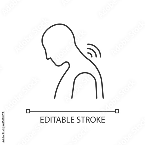 Neck rheumatism linear icon. Joints inflammation. Cervical spondylosis. Prolonged hunching. Thin line customizable illustration. Contour symbol. Vector isolated outline drawing. Editable stroke