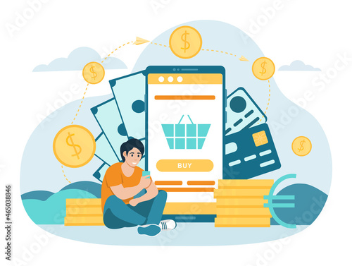 Pay online concept. Man pays for purchases through smartphone, wire transfers. Character buys goods on website of internet store. Modern technology, digital. Cartoon flat vector illustration