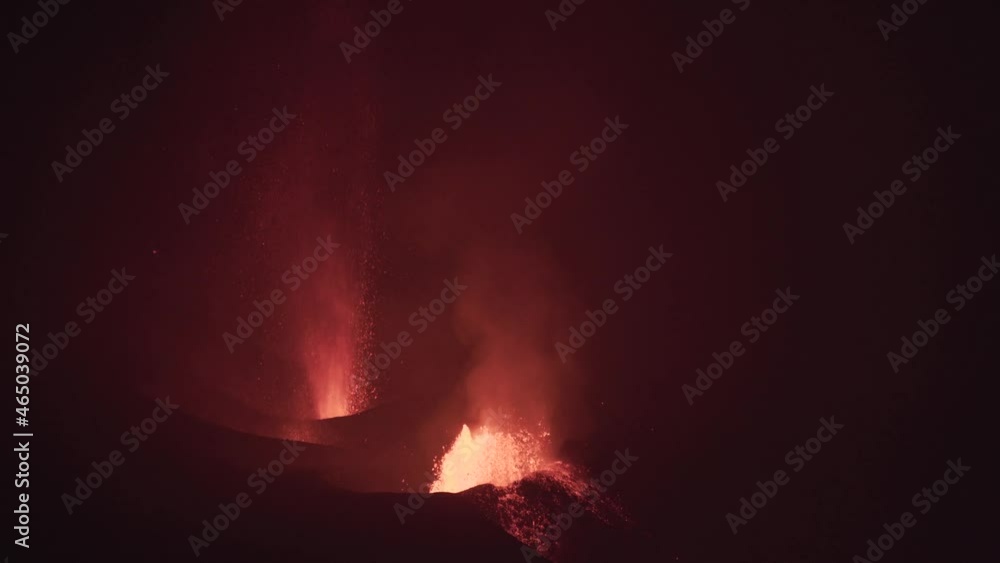 Hot Lava And Magma Bursting Out From Craters Of Erupting Active Volcano. Night View Of Cumbre Vieja In Canary Islands, Spain. wide Hot Lava And Magma Bursting Out From Craters Of Erupting Active Volcano. Night View Of Cumbre Vieja In Canary Islands, Spain. wide
