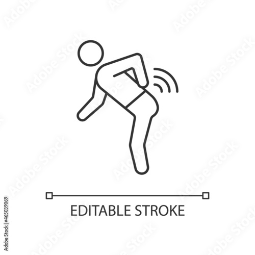 Back rheumatism linear icon. Inflammatory back pain. Limited movement. Flexibility loss in spine. Thin line customizable illustration. Contour symbol. Vector isolated outline drawing. Editable stroke
