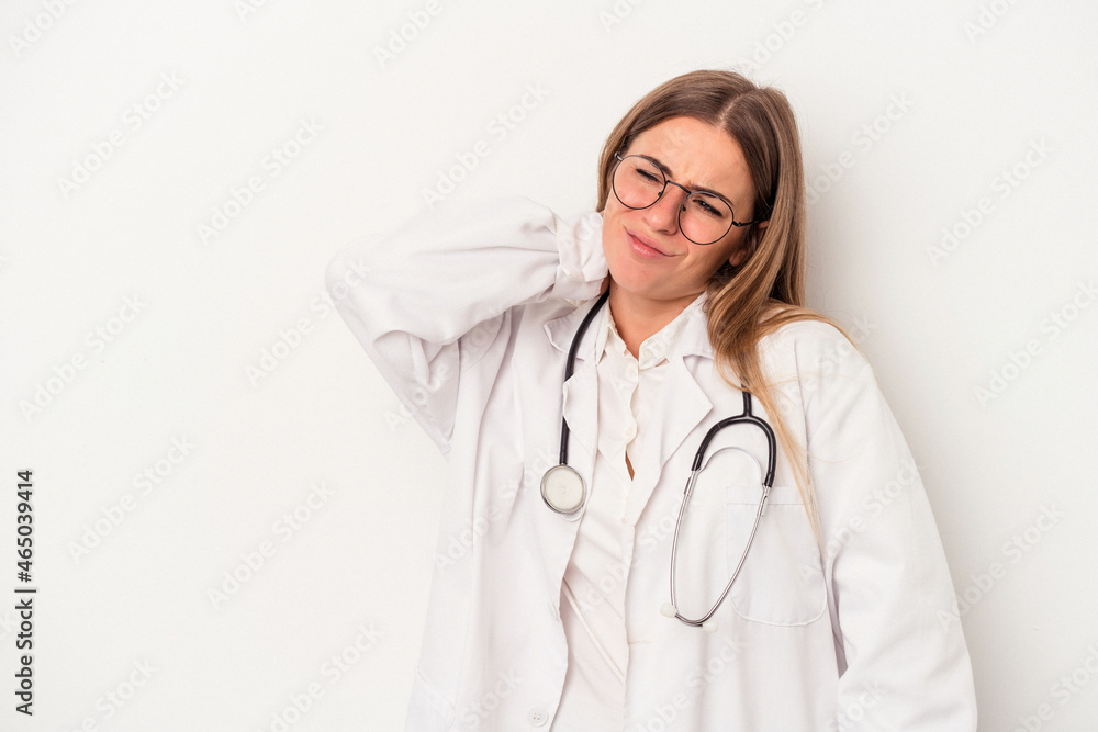 Young doctor Russian woman isolated on white background touching back of head, thinking and making a choice. Young doctor Russian woman isolated on white background touching back of head, thinking and making a choice.