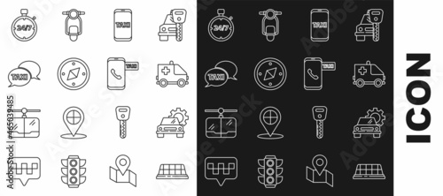 Set line Taxi car roof, Car service, Ambulance and emergency, call telephone, Compass, Stopwatch 24 hours and icon. Vector