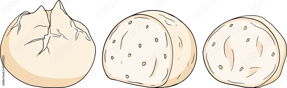 Mozzarella cheese ball, slice and pieces. Hand drawn colored sketch ...