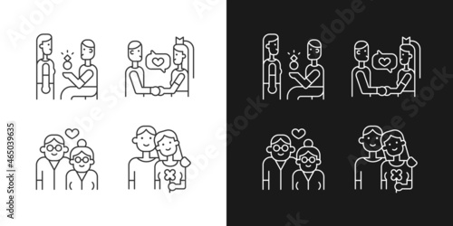 Stages of romantic relationship linear icons set for dark and light mode. Wedding vows. Elderly couple in love. Customizable thin line symbols. Isolated vector outline illustrations. Editable stroke