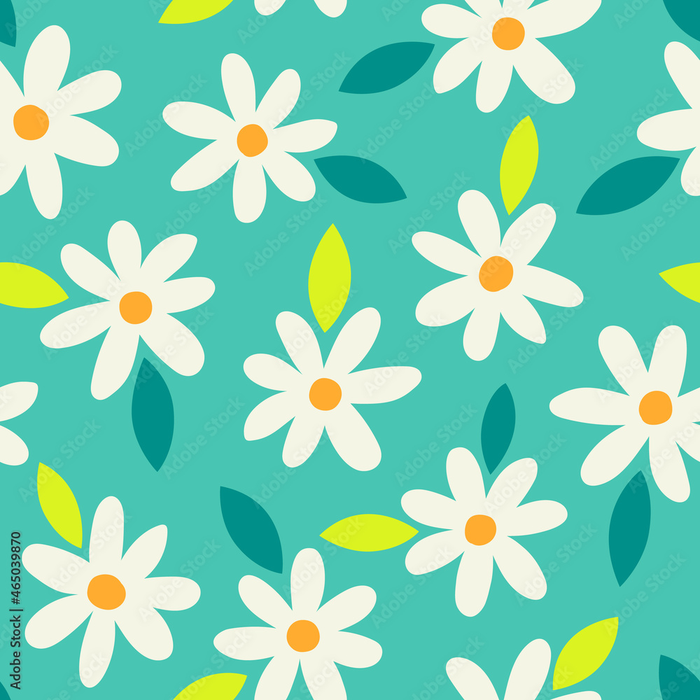Hand drawn daisy flower and leaf seamless pattern background.
