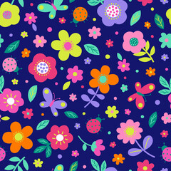 Acrylglasbilder Dunkelblaue Muster Handgezeichnete Blumen Buntes Florales Muster  © NTRdesign