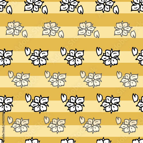 Vector yellow background white pink cherry tree flowers and cherry blossom sakura flowers. Seamless pattern background