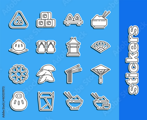 Set line Rice in a bowl with chopstick, Japanese umbrella from the sun, Paper chinese or japanese folding fan, Sushi on cutting board, Geta traditional shoes, Khinkali, and Gate icon. Vector