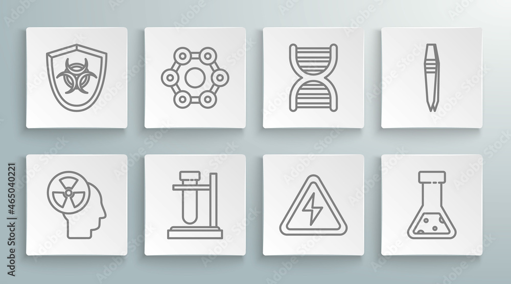 Set line Human head and a radiation, Chemical formula, Test tube flask stand, High voltage sign, chemical, DNA symbol, Tweezers and Biohazard shield icon. Vector Set line Human head and a radiation, Chemical formula, Test tube flask stand, High voltage sign, chemical, DNA symbol, Tweezers and Biohazard shield icon. Vector