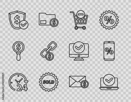 Set line Clock 24 hours, Laptop, Remove shopping cart, Sold label, Shield with dollar, Chain link and coin, Envelope and Percent discount mobile icon. Vector