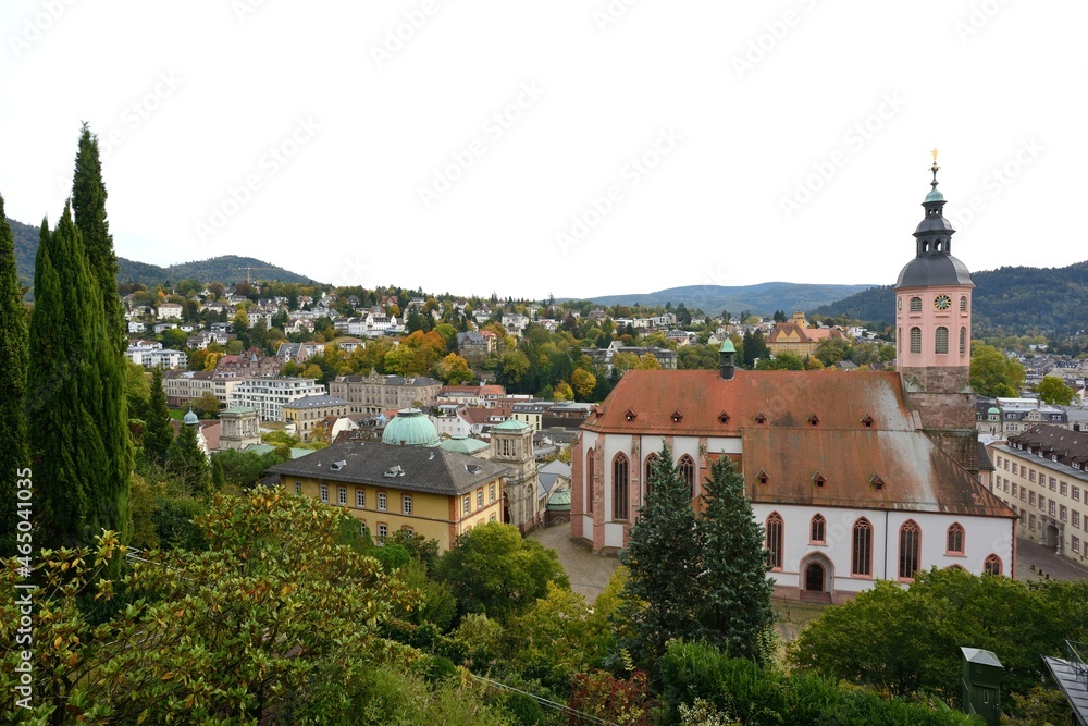  In the foreground stifts church with spa district, in the background the Annaberg with beautiful villas. Baden Baden, Germany, Europe
