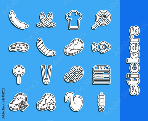 Set line Grilled shish kebab on skewer stick, Burger, Fish, Chef hat, Sausage, Steak meat, and icon. Vector