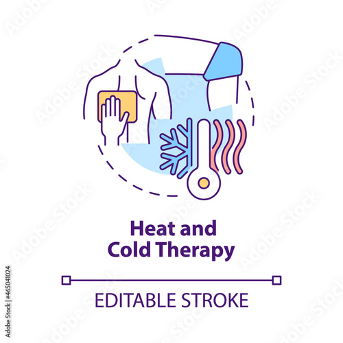 Heat and cold therapy concept icon. Compress for relieving back pain and swelling. Physiotherapy abstract idea thin line illustration. Vector isolated outline color drawing. Editable stroke