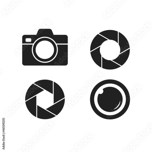 Camera shutter, lenses and photo cameras Icons set. Photography logo, vector camera icon