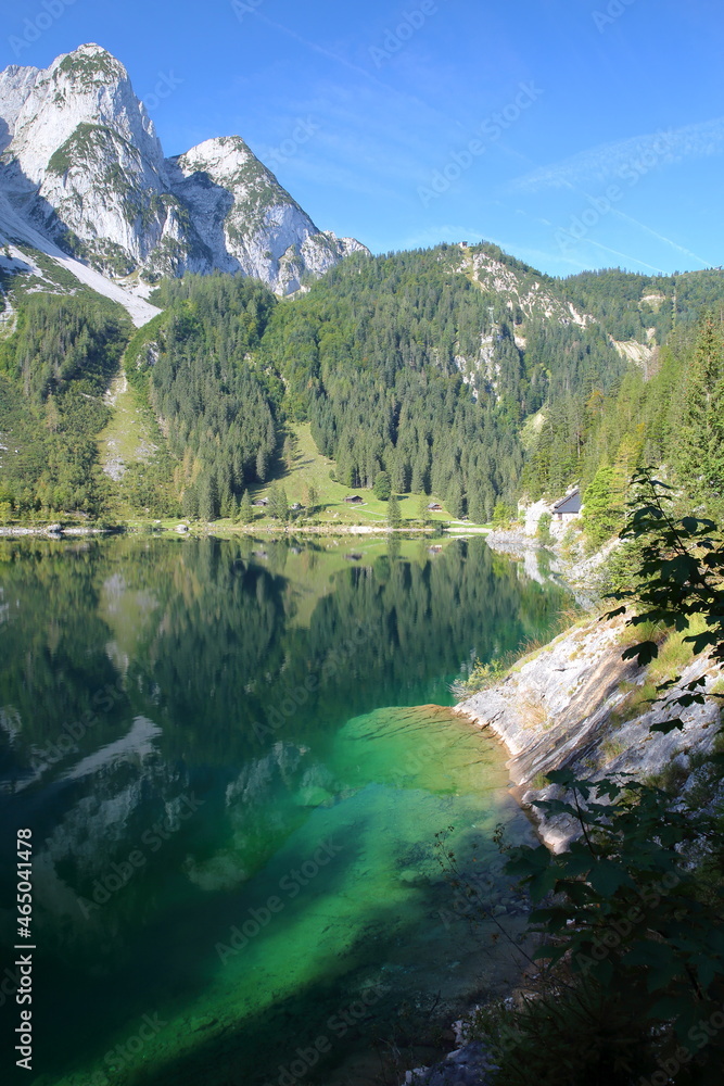 Reflections on the Vorderer Gosausee (lower lake), Salzkammergut, Styria, Austria, Europe