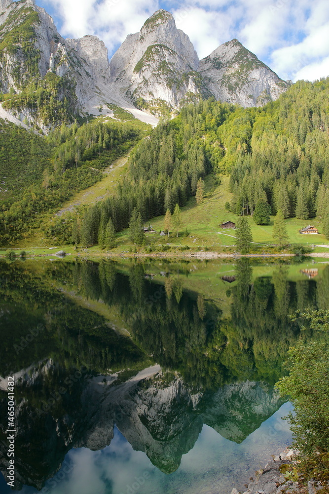 Reflections on the Vorderer Gosausee (lower lake), Salzkammergut, Styria, Austria, Europe
