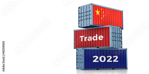 Trading 2022. Freight container with China national flag. 3D Rendering © Marius Faust