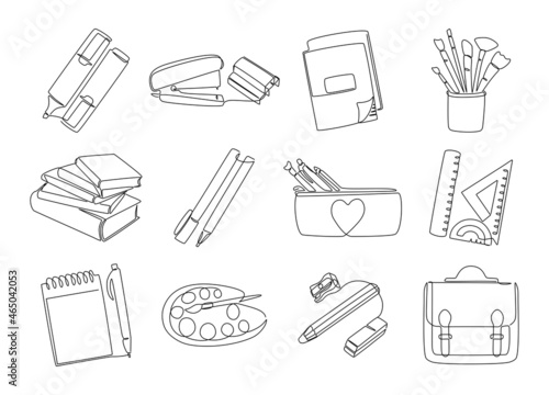 Line school stationery. Trendy continuous line collection of books notepad pen pencil ruler brushes. Vector monoline contemporary set