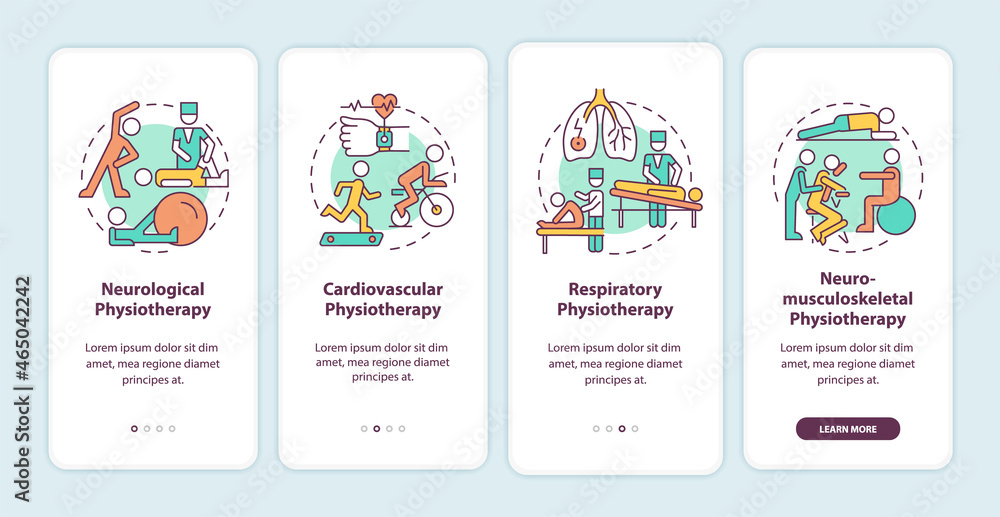 Physiotherapy onboarding mobile app page screen. Physical therapy types walkthrough 4 steps graphic instructions with concepts. UI, UX, GUI vector template with linear color illustrations Physiotherapy onboarding mobile app page screen. Physical therapy types walkthrough 4 steps graphic instructions with concepts. UI, UX, GUI vector template with linear color illustrations