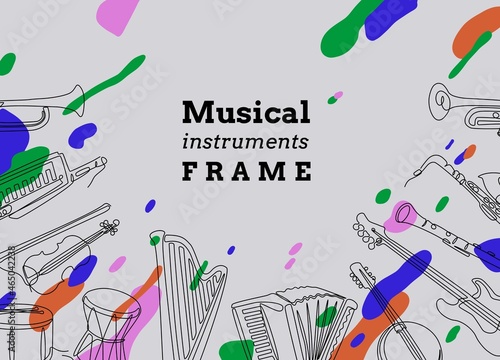 Line music background. Abstract contemporary framing with continuous line jazz and orchestral instruments. Vector music show placard photo