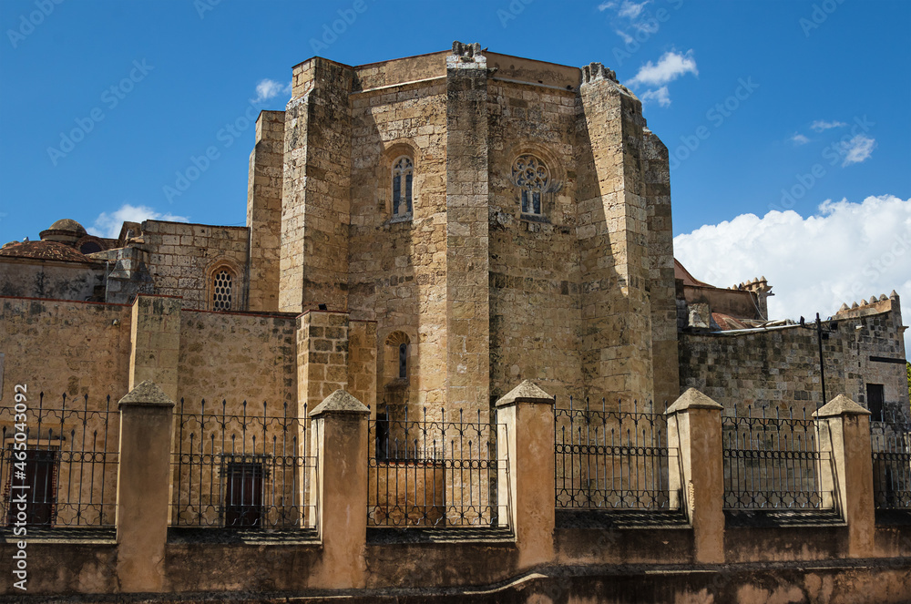 wall of Cathedral of Santo Domingo, 15th century. Ancient building in center of the capital of the Dominican Republic