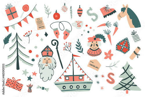 Sinterklaas illustration objects set vector. Piet, gift, Christmas tree, ship, ornament, hose, carrot. Flat style illustrations photo