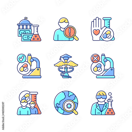 Clinical study RGB color icons set. Evaluating new drugs and treatments. Government funding. Clinical epidemiology. MAMS trials. Isolated vector illustrations. Simple filled line drawings collection