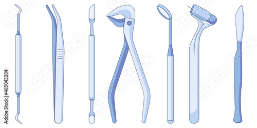 Dental tools and instruments icons set. Stomatology supplies vector icon in a flat style isolated on a white background. Vector illustration