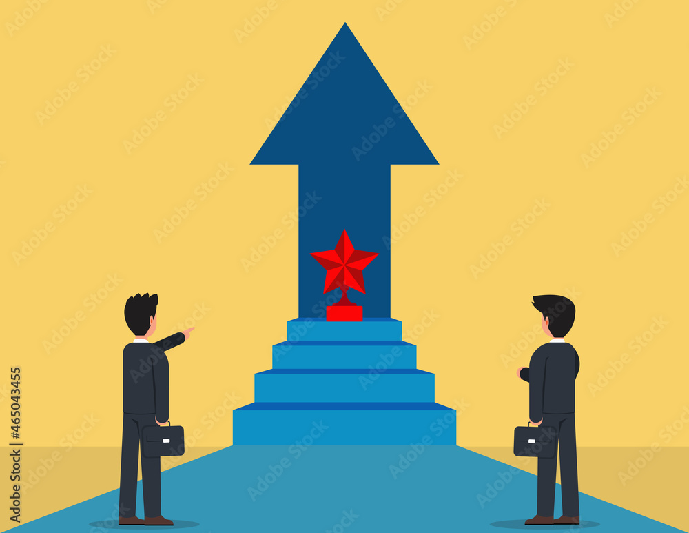 Fototapeta premium Vision of a Leader in Financial Growth. Business concept with stair and trophy cup.