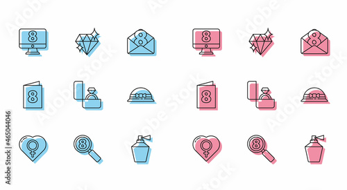 Set line Female gender in heart, Search 8 March, on monitore, Perfume, Diamond engagement ring, Elegant women hat, Greeting card with and icon. Vector