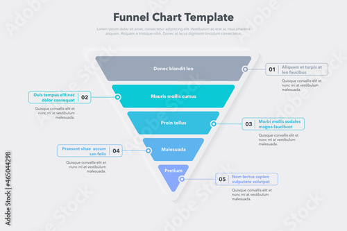 Funnel chart template with five colorful steps. Easy to use for your website or presentation.