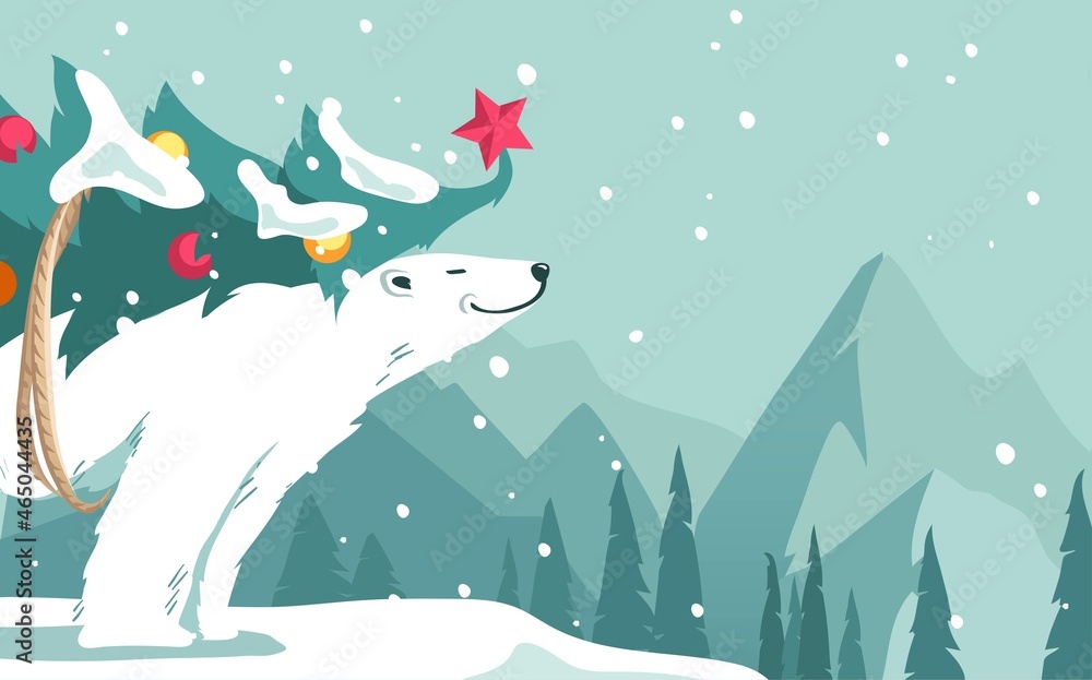 Polar bear with Christmas tree on his back standing on snowbank and waiting for New year holiday. Vector illustration