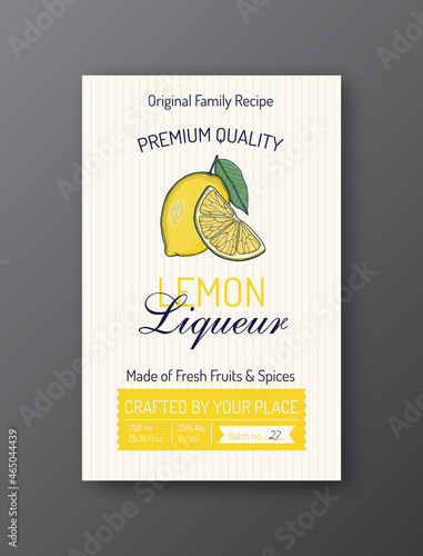 Lemon liqueur label template. Modern vector packaging design layout. Isolated