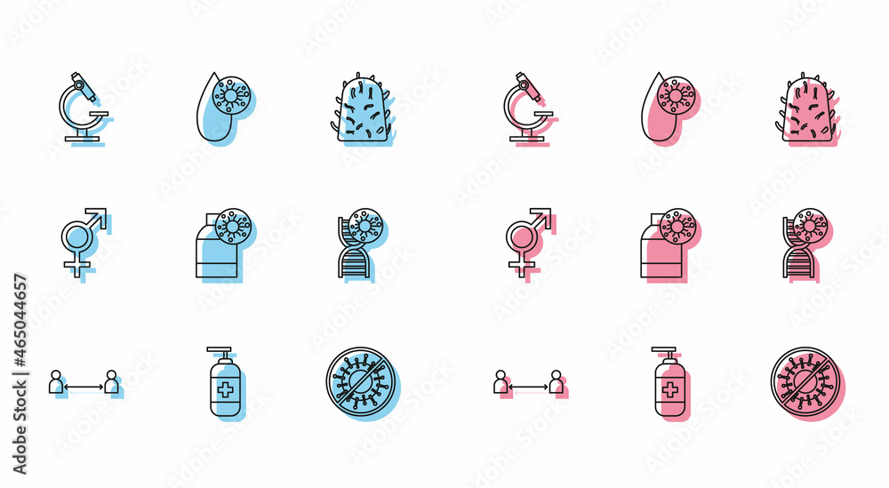 Set line Safe distance, Bottle of liquid antibacterial soap, Microscope, Stop virus, with, DNA symbol and, Gender and Blood test icon. Vector Set line Safe distance, Bottle of liquid antibacterial soap, Microscope, Stop virus, with, DNA symbol and, Gender and Blood test icon. Vector