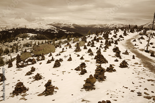 Hiking trail to the Stoanerne Mandln in South Tyrol in winter photo