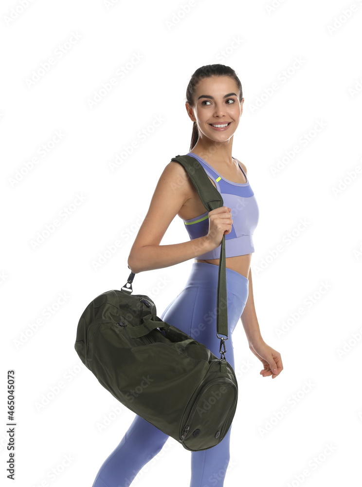 Beautiful woman with sports bag on white background Beautiful woman with sports bag on white background