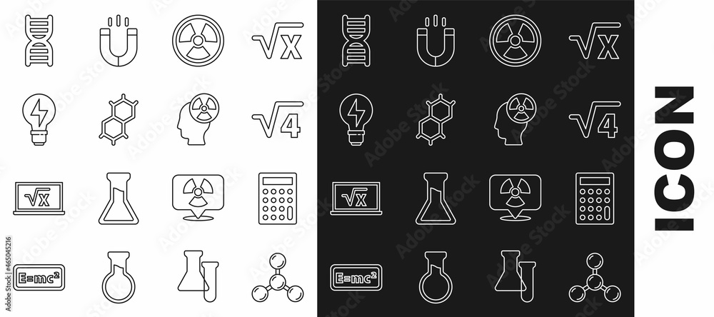 Set line Molecule, Calculator, Square root of 4 glyph, Radioactive, Chemical formula, Light bulb with lightning, DNA symbol and Head and radiation icon. Vector Set line Molecule, Calculator, Square root of 4 glyph, Radioactive, Chemical formula, Light bulb with lightning, DNA symbol and Head and radiation icon. Vector