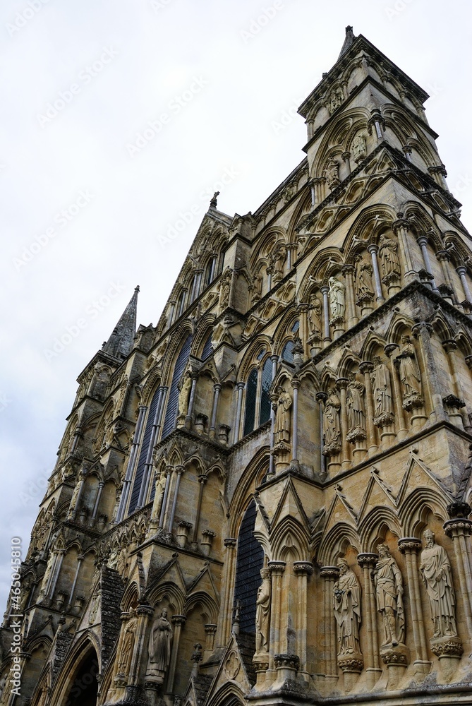 Exterior details of the 800 years old Salisbury Cathedral, formally the Cathedral Church of the Blessed Virgin Mary built in 1220 in Salisbury, Wiltshire, England, UK
