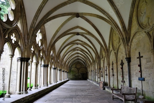 Rib vault ceiling at the cloisters of 800 years old Salisbury Cathedral  formally the Cathedral Church of the Blessed Virgin Mary built in 1220 in Salisbury  Wiltshire  England  UK