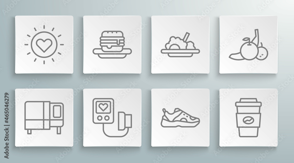 Set line Bed, Junk food, Blood pressure, Sport sneakers, Coffee cup to go, Healthy, Fruit and Sun icon. Vector
