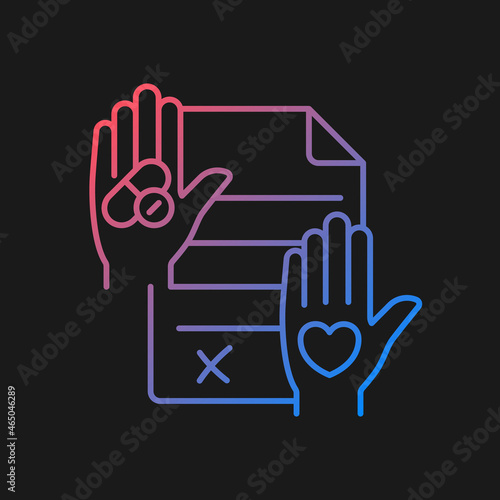 Informed consent gradient vector icon for dark theme. Research ethics. Requirement for clinical trials. Health literacy. Thin line color symbol. Modern style pictogram. Vector isolated outline drawing