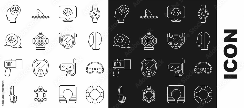 Set line Lifebuoy, Glasses and cap, Diving hood, Scallop sea shell, Aqualung, and mask icon. Vector Set line Lifebuoy, Glasses and cap, Diving hood, Scallop sea shell, Aqualung, and mask icon. Vector