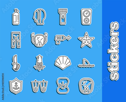Set line Diving mask, Shark fin ocean wave, Starfish, Flashlight, Wetsuit, Aqualung and Fishing harpoon icon. Vector