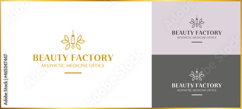 READY TO USE: aesthetic medicine logo, syringe, beauty treatments, lifting, beauty, beauty salon. Professional, unique and modern sign, illustration, gold. © misslandi
