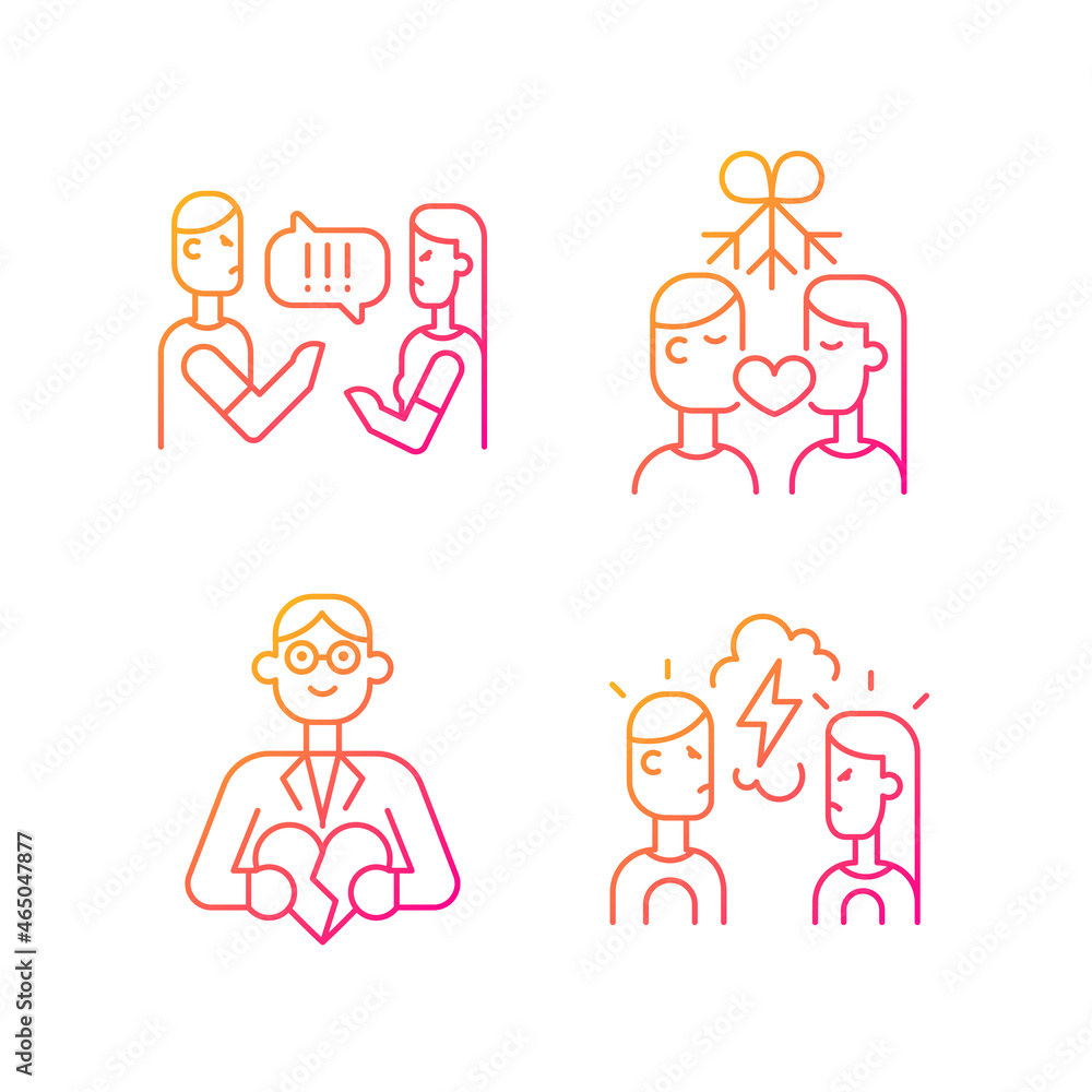 Fighting in relationship gradient linear vector icons set. Criticizing each other. Healthy romance. Family consultant. Thin line contour symbols bundle. Isolated outline illustrations collection Fighting in relationship gradient linear vector icons set. Criticizing each other. Healthy romance. Family consultant. Thin line contour symbols bundle. Isolated outline illustrations collection