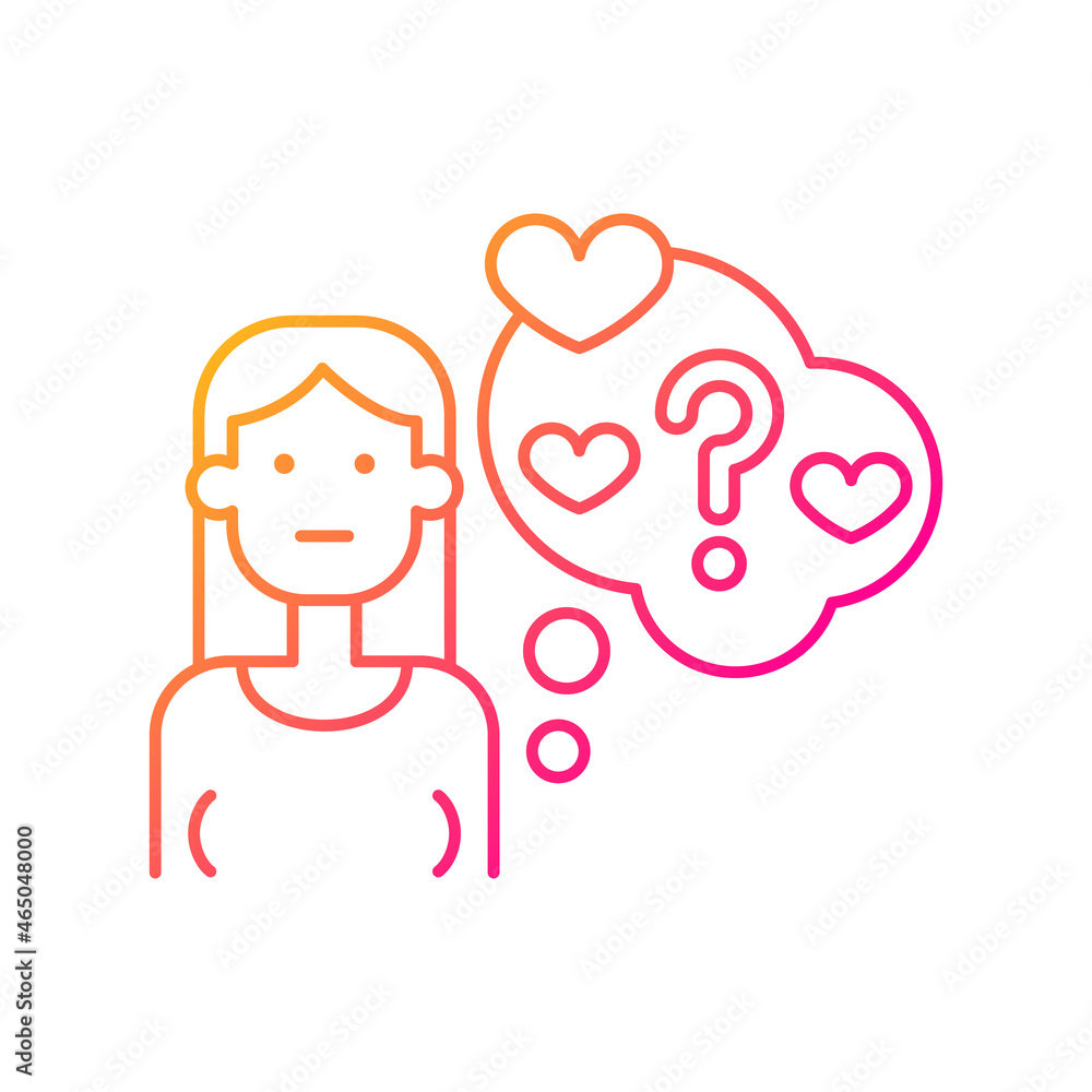 Doubting stage of relationship gradient linear vector icon. Girl hesitating about romance. Woman questioning relations. Thin line color symbol. Modern style pictogram. Vector isolated outline drawing