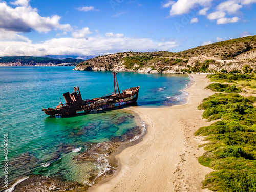 Stranded fishing ship on a greek beach, drone photo © Daniel