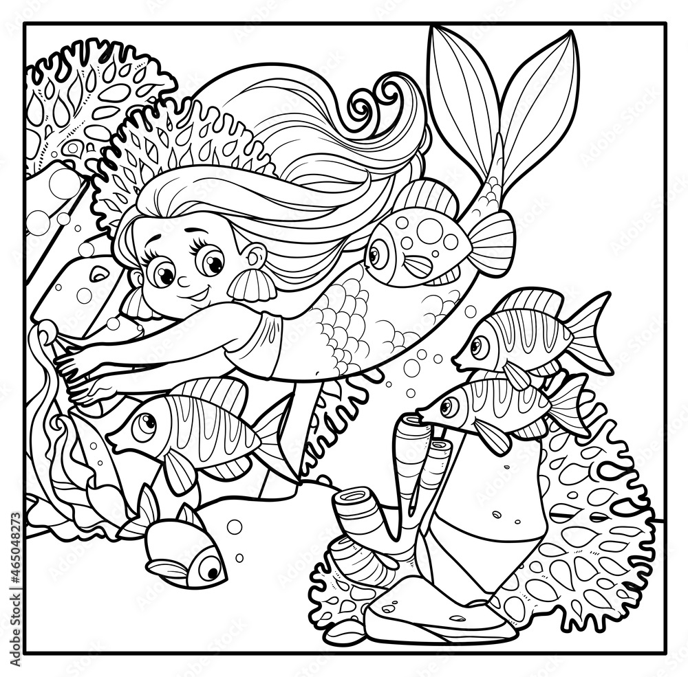 Cute little mermaid girl in coral tiara swims with fish outlined for coloring page on seabed with corals and algae background Cute little mermaid girl in coral tiara swims with fish outlined for coloring page on seabed with corals and algae background
